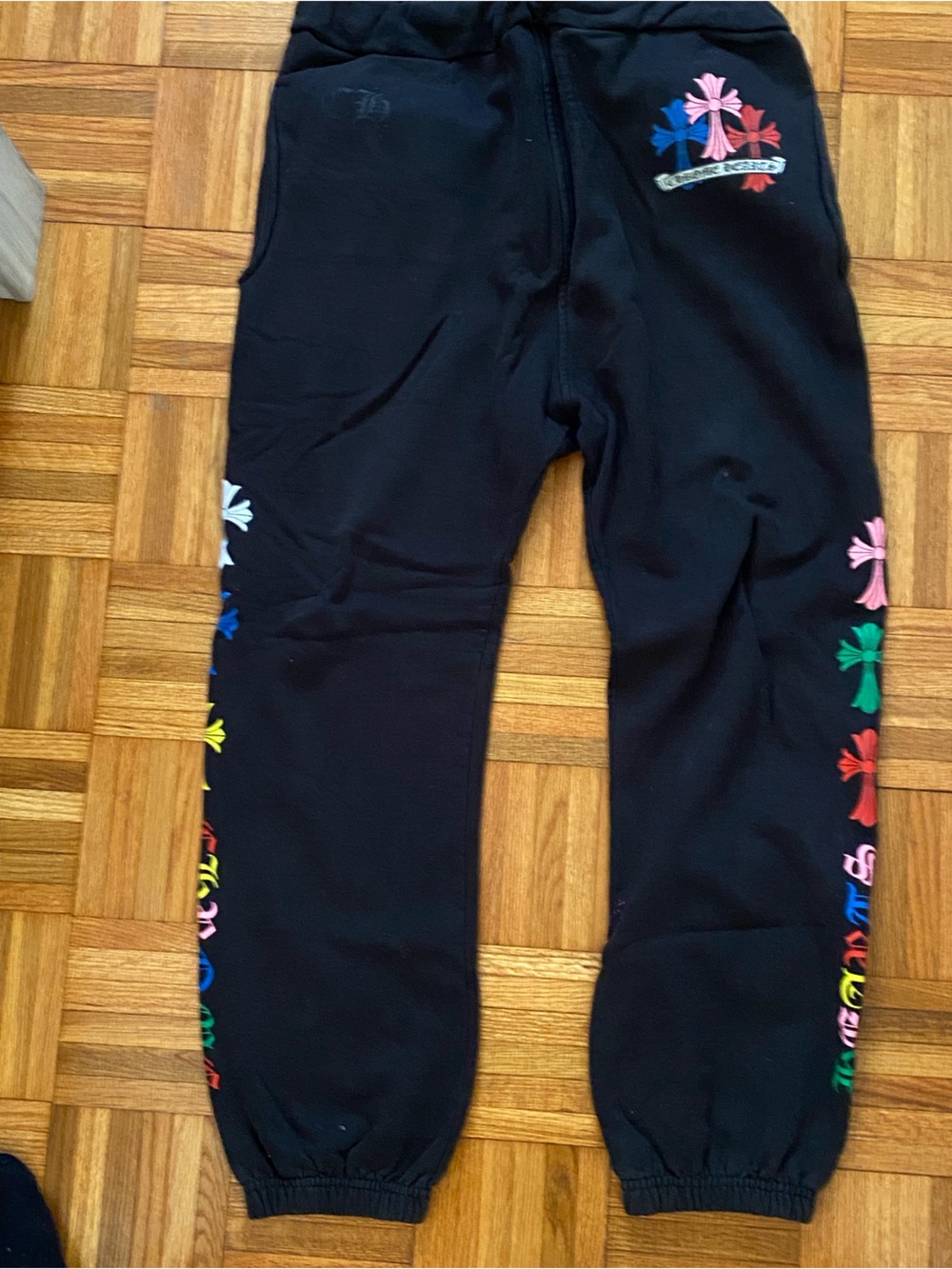 Chrome Hearts Black Sweatpants with Multicolor Floral Cross Embroidery